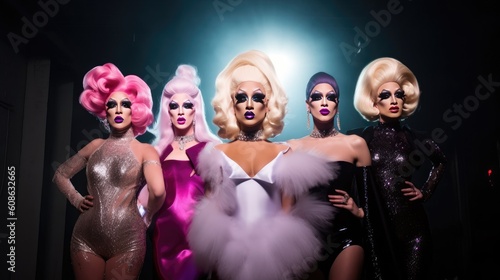 Drag show artists at nightclub entertainment performance, group of men dressed as women at night club stage, drag queens artists with exaggerated femininity, generative AI