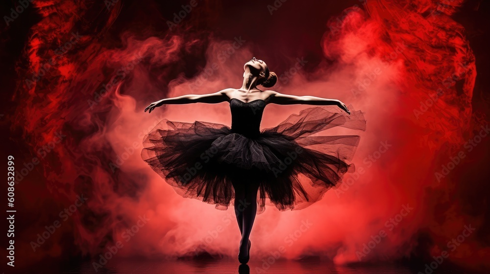 Female ballet dancer silhouette in red smoke on dark background, prima  ballerina assoluta dancing on stage of theater, smooth movements of ballet  woman performer in black red tutu dress, generative AI Stock