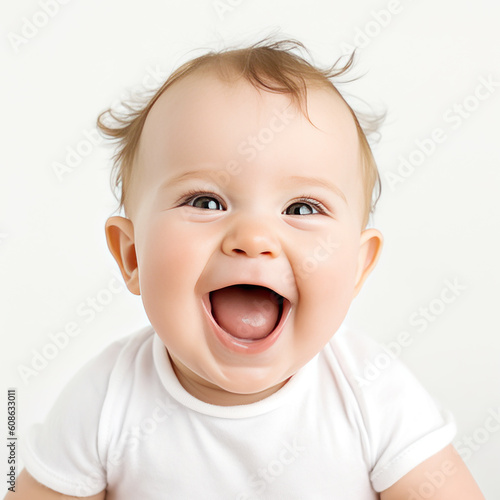 happy little baby in white clothes on a white background, little boy in white, positive emotions. Generative AI