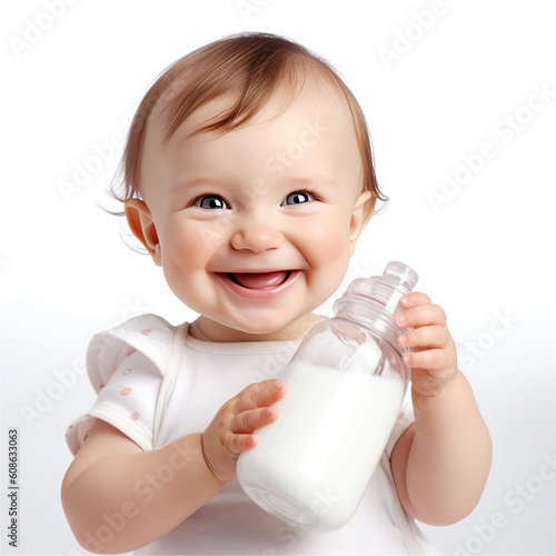 happy little baby in white clothes on a white background, with a baby bottle of milk or nutrition. Generative AI