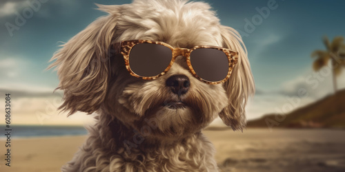 Paws and Shades: Cute Poodle Dog in Sunglasses Shows off a Funny Expression at the Beach. Generative AI © Bartek