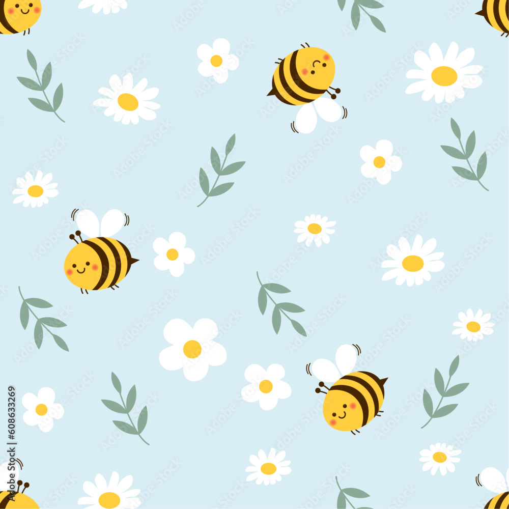 Background with cute bee cartoon  with camomile and vector illustration. seamless pattern on blue