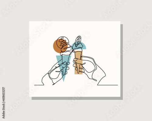 Continuous single one line drawing art of hand holding delicious ice cream cone vector illustration