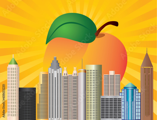Atlanta Georgia City Skyline  with Sun Rays and Peach Fruit in Background Illustration