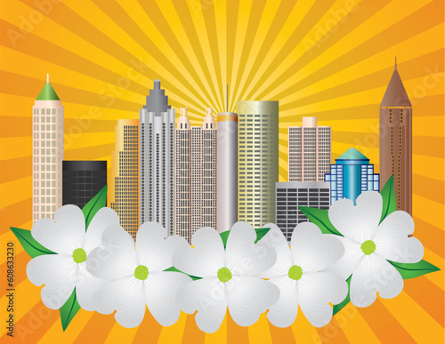 Atlanta Georgia City Skyline  with Sun Rays and Dogwood Tree Flowers in Background Illustration