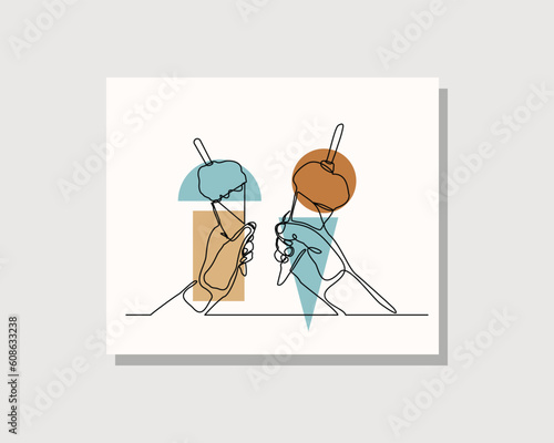 Continuous single one line drawing art of hand holding delicious ice cream cone vector illustration