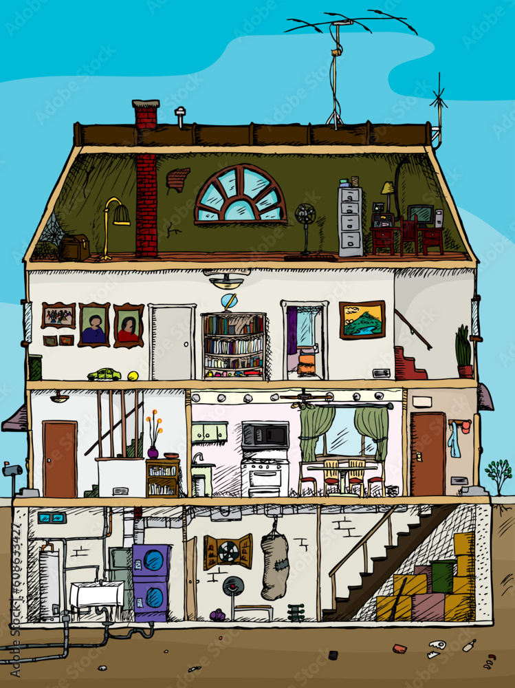 3-story old house cartoon cross section with basement