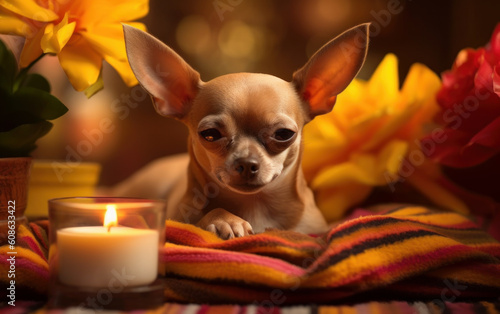 Calm and Content: Happy Chihuahua Dog Relaxing in Spa. Generative AI