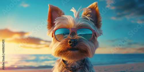 Beachside Posing. Smiling Biewer Terrier Dog Strikes a Funny Pose with Sunglasses. Generative AI © Bartek