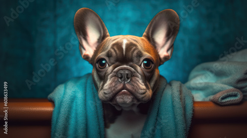 Cozy Relaxation: Laundered French Bulldog Embraces Restful Bliss in Spa Studio Setting. Generative AI © Bartek