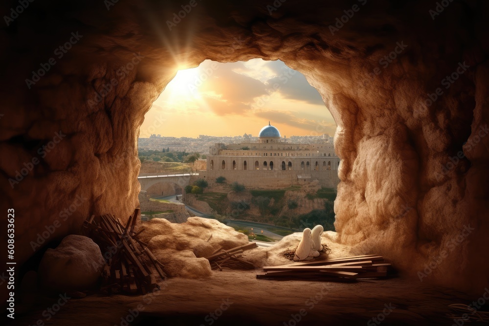 Obraz premium Easter Sunday concept: Jesus Christ is risen from tomb. View from empty cave to Jerusalem. Generative AI