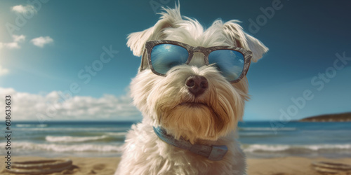 Sunny Smiles  Cute Maltese Dog in Sunglasses with a Funny Expression  Striking a Pose. Generative AI