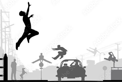 Editable vector silhouettes of men doing parkour in an urban street scene