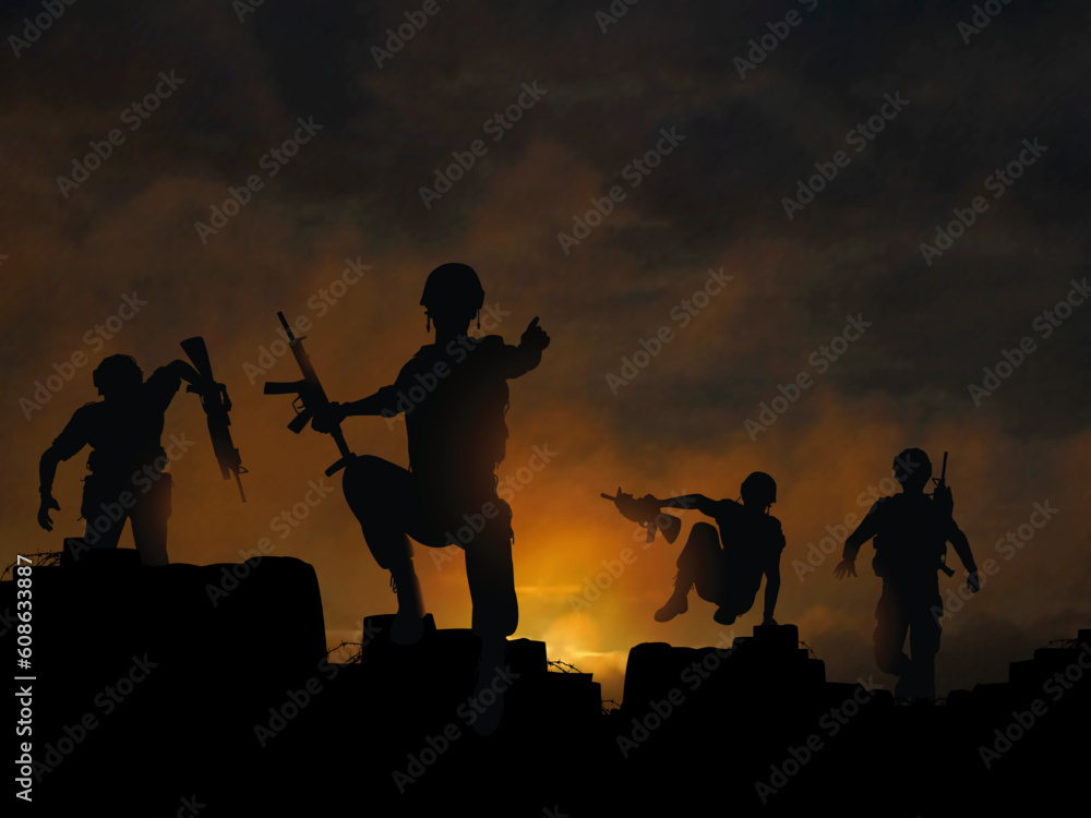 Dramatic vector illustration of soldiers advancing at dawn or dusk, made with a gradient mesh