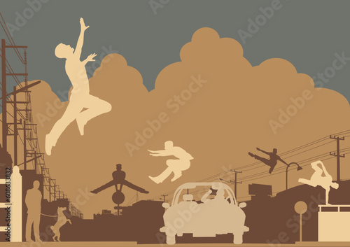 Editable vector silhouettes of men doing parkour in an urban street scene