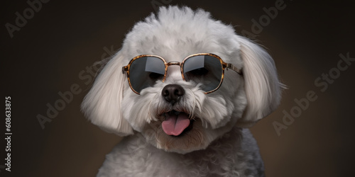 Sunny Side Up: Smiling Bichon Frise Dog in Sunglasses, Adding Cuteness and Joy in a stduio shot. Generative AI photo