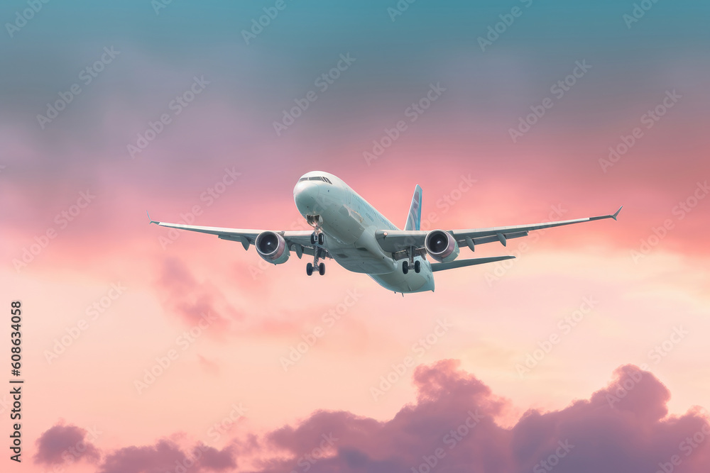 Airplane is flying in colorful sky at sunset. Landscape with white passenger airplane, purple sky with pink clouds. Aircraft is landing. Business trip. Commercial plane. Travel. Generative AI