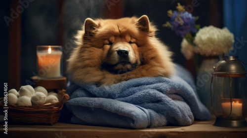 Beauty and Relaxation: Smiling Chow Chow Dog in Spa Setting. Generative AI