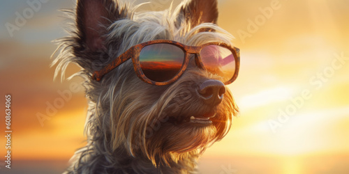 Smiles and Sun: Scottish Terrier Dog in Sunglasses with a Funny Expression, Enjoying the Beach Scene. Generative AI © Bartek