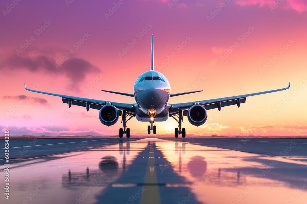 Airplane is flying in colorful sky at sunset. Landscape with white passenger airplane, purple sky with pink clouds. Aircraft is landing. Business trip. Commercial plane. Travel. Generative AI Airplane is flying in colorful sky at sunset. Landscape with white passenger airplane, purple sky with pink clouds. Aircraft is landing. Business trip. Commercial plane. Travel. Generative AI