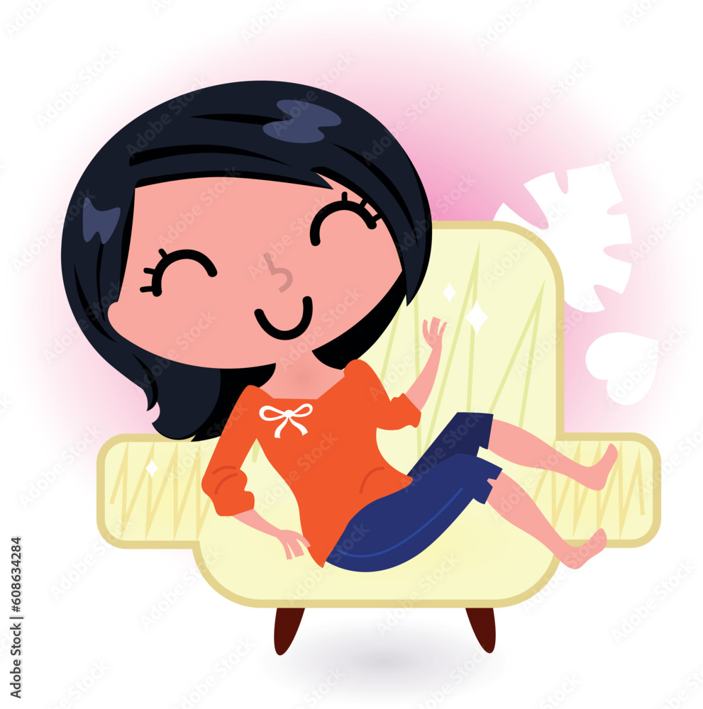 Cute young girl in sofa. Vector cartoon