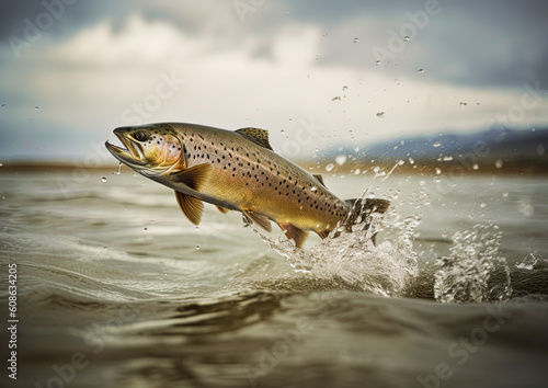 Salmon jumping out of water. Ai Generative