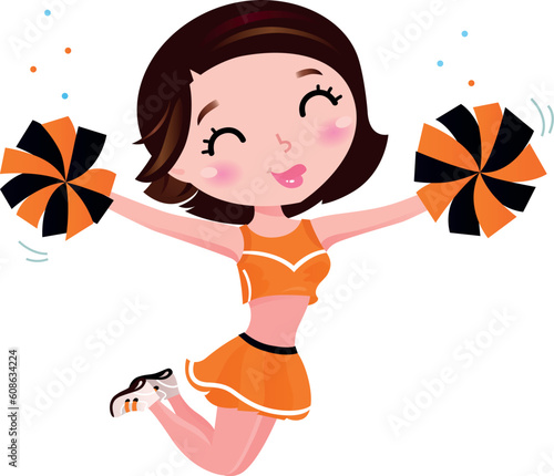 Cute jumping cheerleader woman. Vector