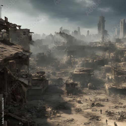 War-torn city. Ruins, scorched earth, fires. generative AI
