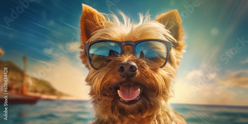 Sunny Adventures with a Cute Yorkshire Terrier Dog: Smiling and Stylish in Sunglasses. Generative AI © Bartek