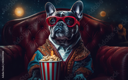 Cozy Cinema Companion: Funny French Bulldog with Red Glasses Holding Popcorn in a Pink and Amber Setting. Generative AI.