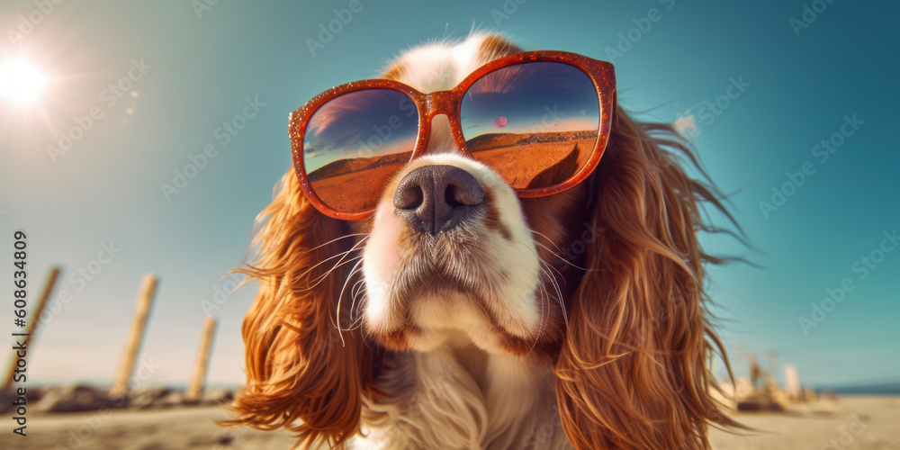 Sunny Delights with a Cute Cavalier King Charles Spaniel Dog: Smiling and Stylish in Sunglasses. Generative AI
