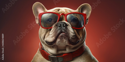studio photo shot of cute Bulldog Dog with funny, smiling expression in sunglasses on plain background. Generative AI © Bartek
