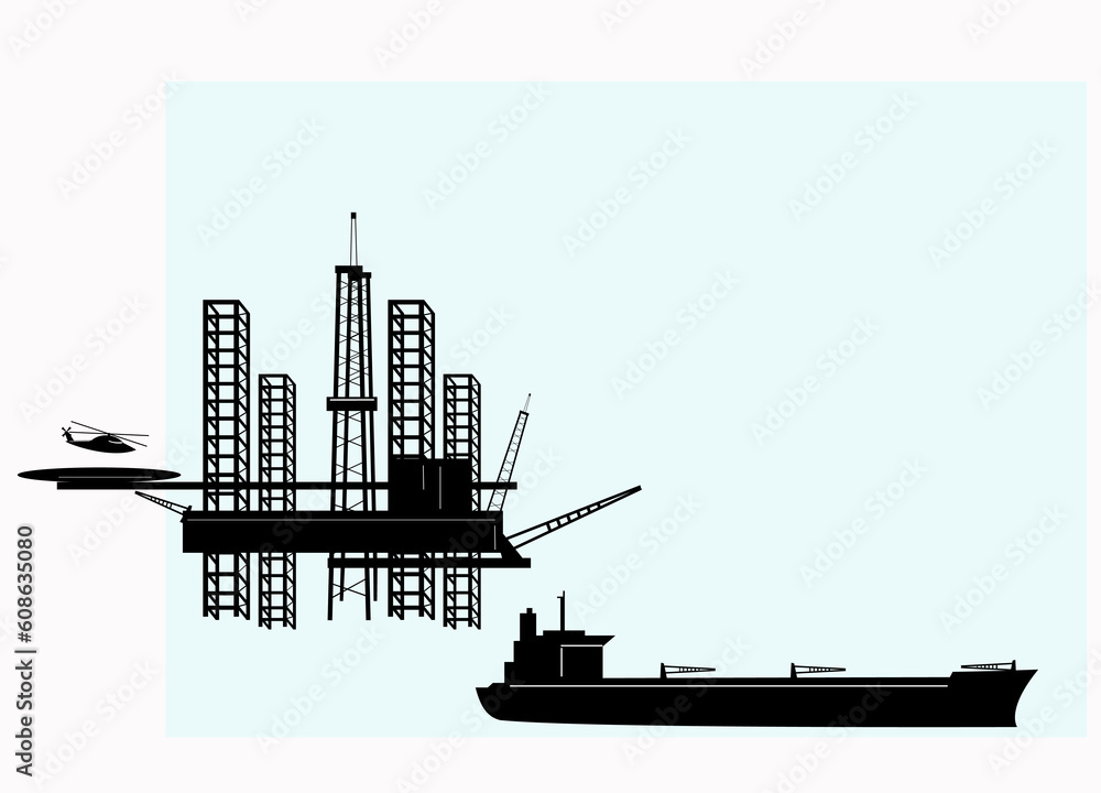 Silhouette of offshore oil platforms and tankers.