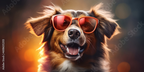 cute smiling Collie Dog in sunglasses with funny expression on its face on bokeh background, Generative AI © Bartek