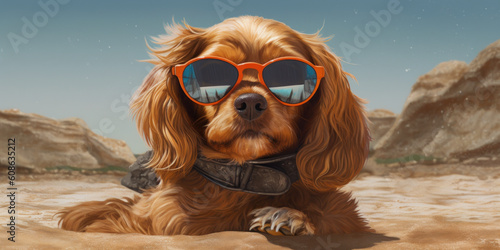 Summer Vibes: Funny Expression of Cavalier King Charles Spaniel Dog in Sunglasses at the Beach. Generative AI