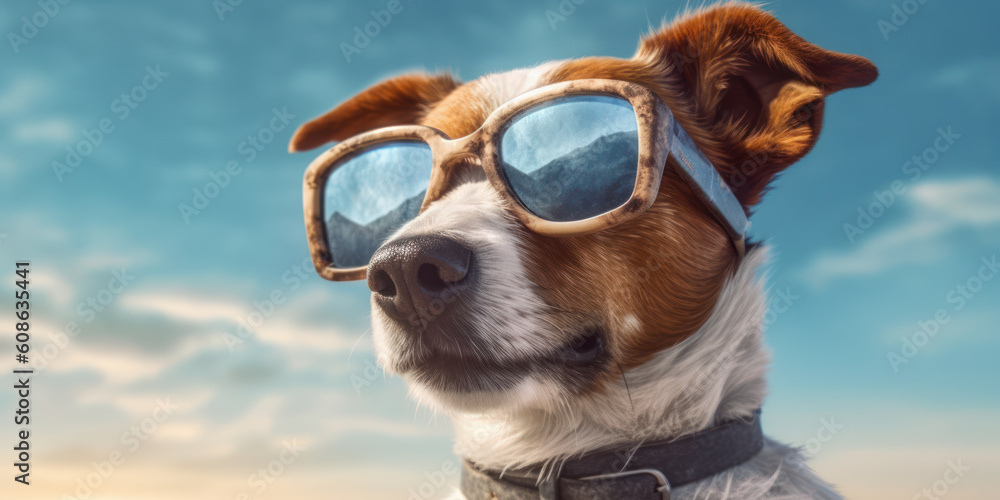 Beachside Fun. Adorable Jack Russell Terrier Dog Posing with Sunglasses. Generative AI Beachside Fun. Adorable Jack Russell Terrier Dog Posing with Sunglasses. Generative AI