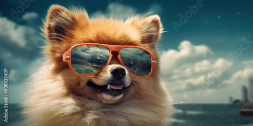Beachside Delight: Cute Pomeranian Dog with Funny Sunglasses and a Smile. Generative AI © Bartek