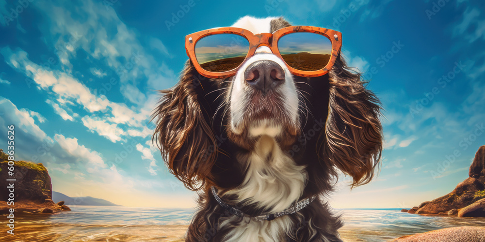 Summer Joy Smiling English Springer Spaniel Dog in Sunglasses