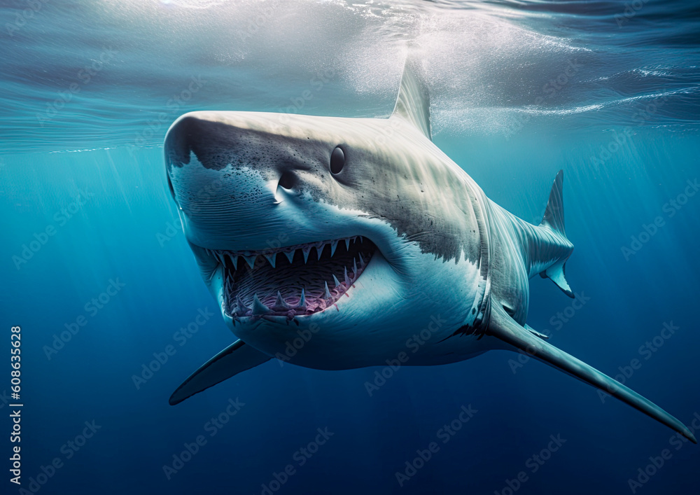 Fototapeta premium Great white shark in the ocean. Generative Ai image
