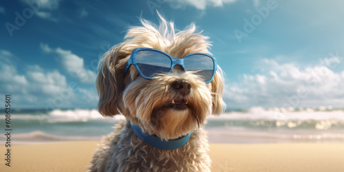 Playful Pooch: Smiling Shih Tzu Dog, Funny Sunglasses, Beach Bliss. Generative AI © Bartek