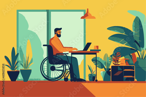 Person in a wheelchair working on a laptop in an office space, Disability Pride Month Vector Illustration,