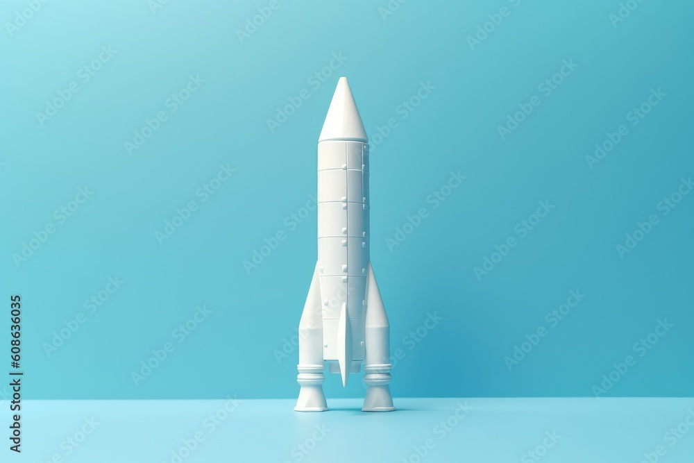 Pink flying rocket on blue background. Catroon space shuttle. Generative AI