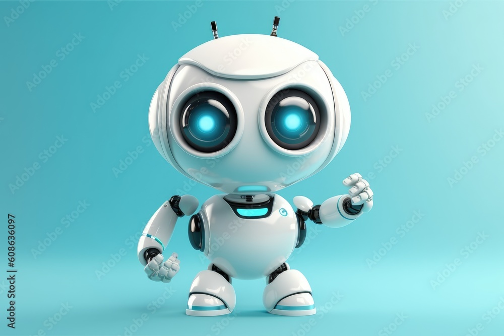 White happy cute friendly and cheerful robot on turquoise background. Generative AI White happy cute friendly and cheerful robot on turquoise background. Generative AI