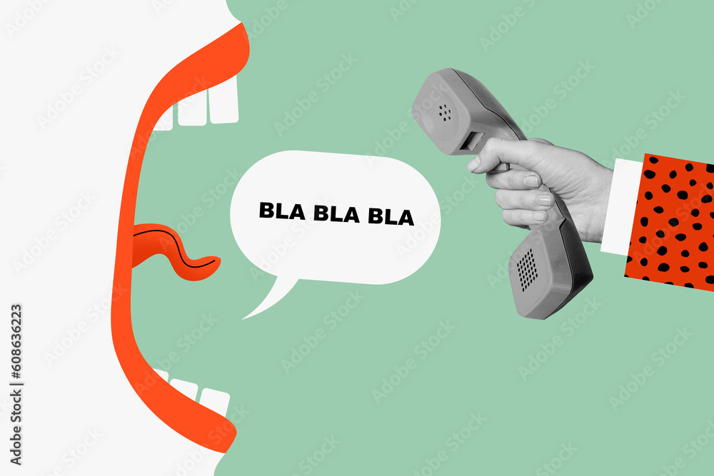 Collage artwork minimal picture of annoying open mouth screaming vintage phone isolated green color background Collage artwork minimal picture of annoying open mouth screaming vintage phone isolated green color background
