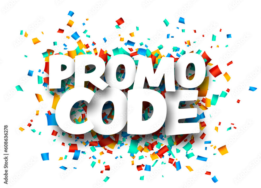 Promo code sign over colorful cut ribbon confetti background. Promo code sign over colorful cut ribbon confetti background.