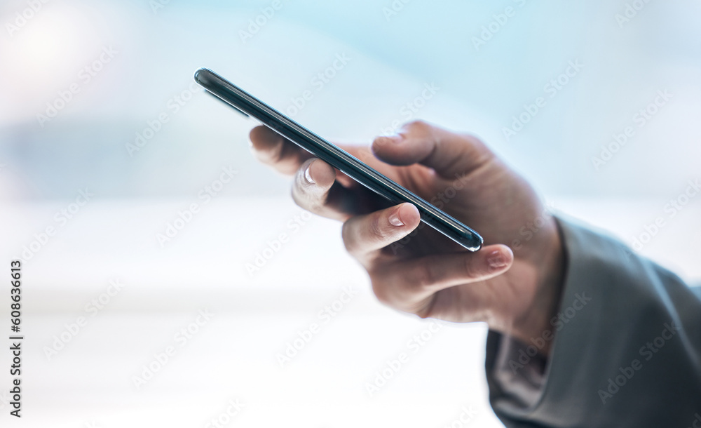 Phone, hand and communication with a business person typing a text message or email on a blurred background. Mobile, contact and networking with an employee browsing social media or texting closeup