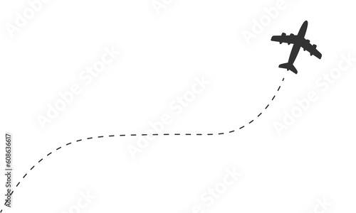 Airplane line path vector icon of air plane flight route with start point and dash line trace
