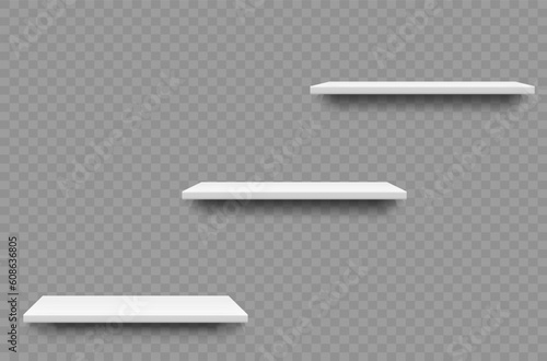 Realistic bookshelf. Showcase.Place for an exhibition.White shelves from plywood frame in food store.Bookcase store, rack, interior, shelving.Shopping for goods at market.Vector illustration, EPS 10.