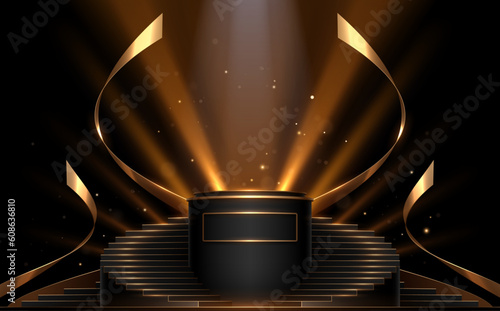 Black and gold stairs stage with light effect