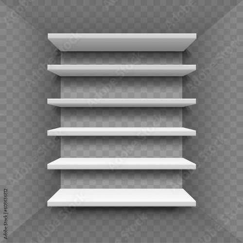 Realistic bookshelf. Showcase.Place for an exhibition.White shelves from plywood frame in food store.Bookcase store, rack, interior, shelving.Shopping for goods at market.Vector illustration, EPS 10.